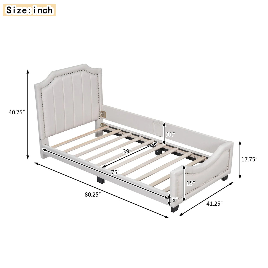 Twin Upholstered Platform Bed with Nailhead Trim and Storage M24169