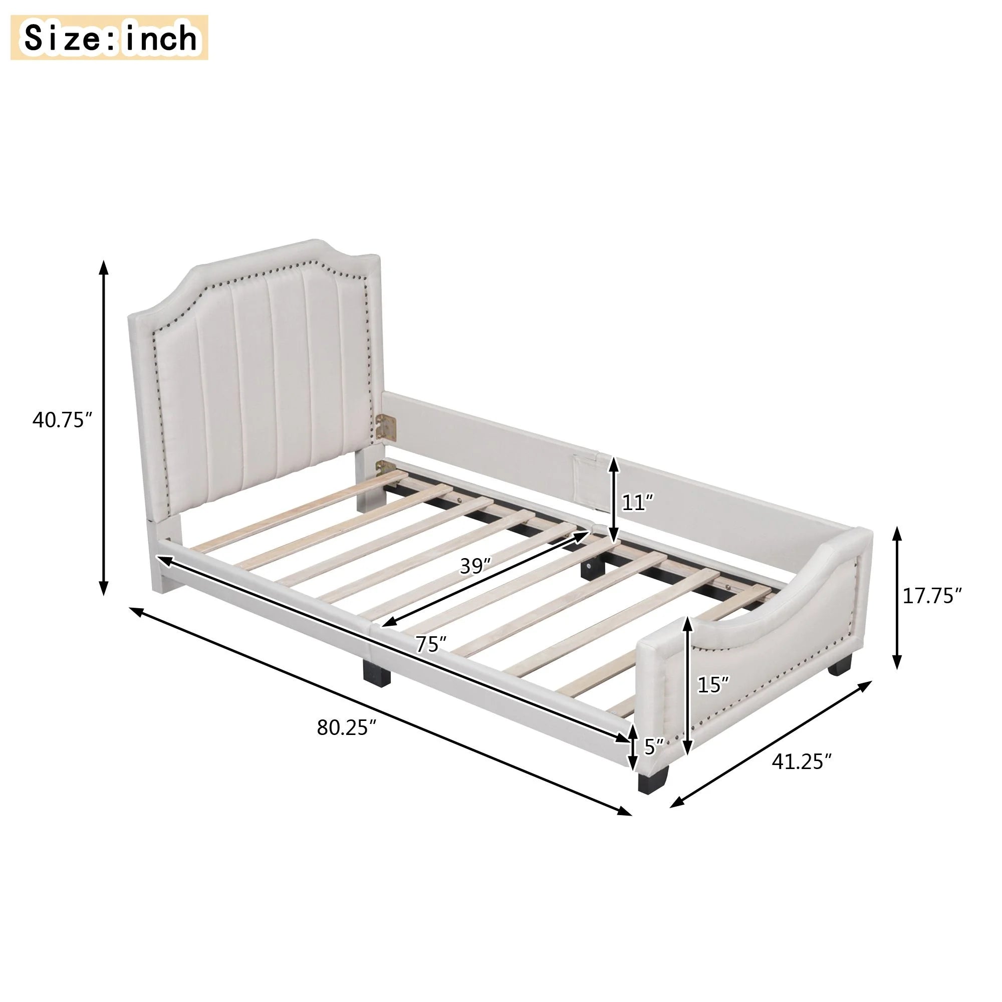 Twin Upholstered Platform Bed with Nailhead Trim and Storage M24169