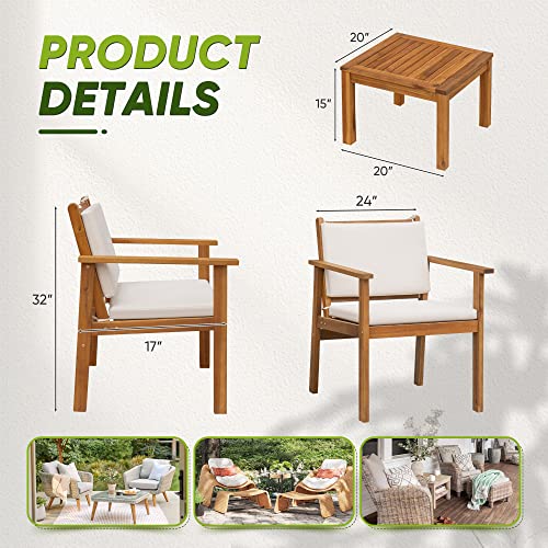 Flamaker 3 Piece Acacia Wood Patio Furniture Set with Coffee Table & Cushions B730