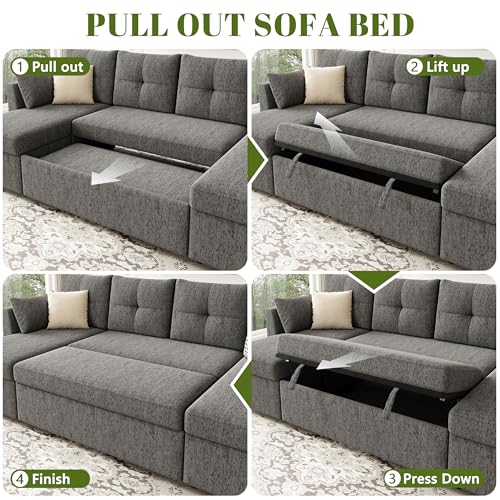 Oversized Sleeper Sofa Couch with Double Storage Chaise, Dark Grey U1381