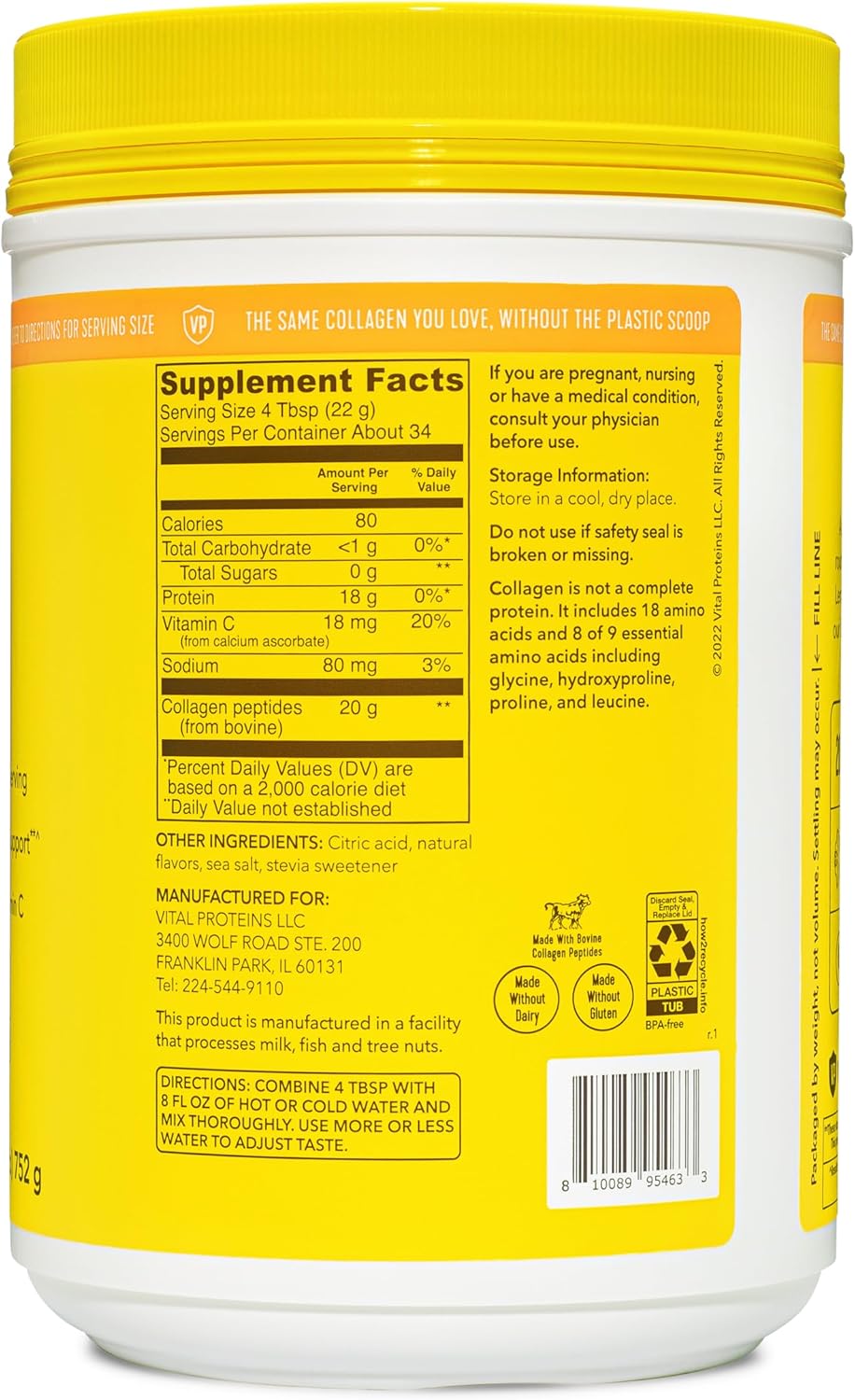 Vital Proteins Collagen Peptides Powder, Lemon, 26.5 oz U8146