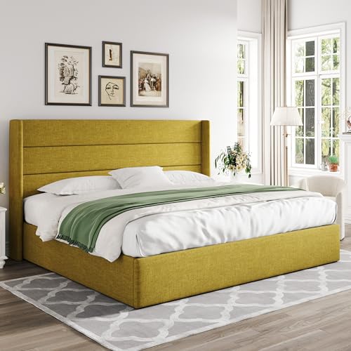 Allewie Full Size Lift Up Storage Bed with Wingback Headboard, Light Beige C85153