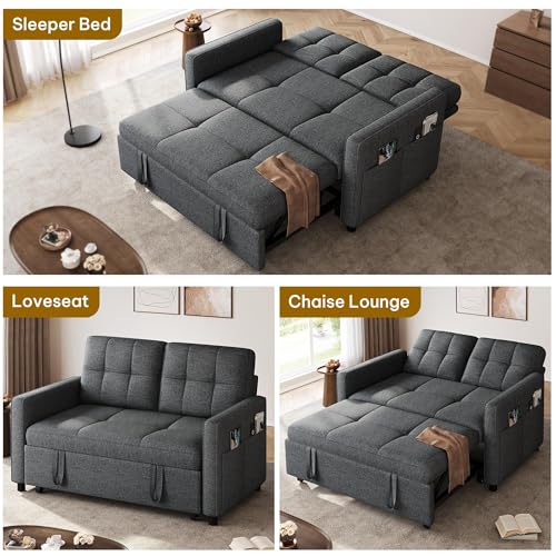 DWVO 55" Convertible Sofa Bed, 3-in-1 Sleeper Sofa with Pull-Out Bed, Linen Futon Couch W749781