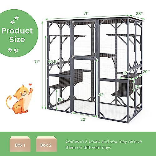 Tangkula Catio Outdoor Cat Enclosure Large 72 Inch Tall Wooden Cat House with Weatherproof Roof W864