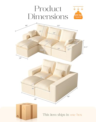 Comfy Cloud Couch with L-Shape Chaise, Modular Sectional Sofa in a Box, Soft Corduroy, Black U67688