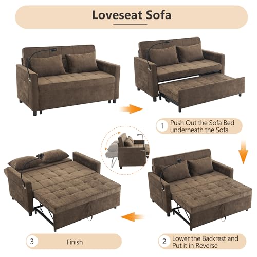 Merax 3 in 1 Convertible Sleeper Sofa Bed Futon with USB Ports, Brown V2286