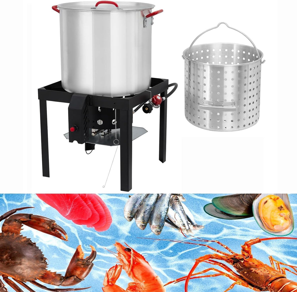 80 Qt Aluminum Seafood Boil Pot with Propane Jet Burner and Basket X99158