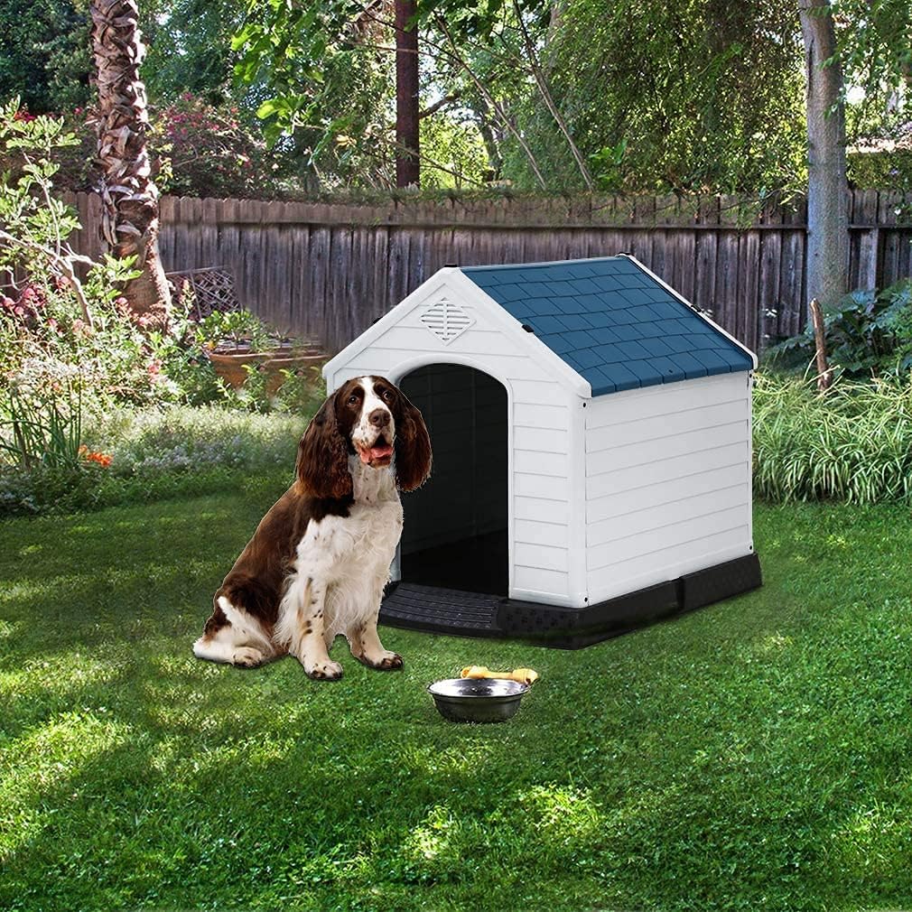 Large Plastic Dog House Indoor Outdoor Pet Kennel with Air Vents, 39 Inch High M8648