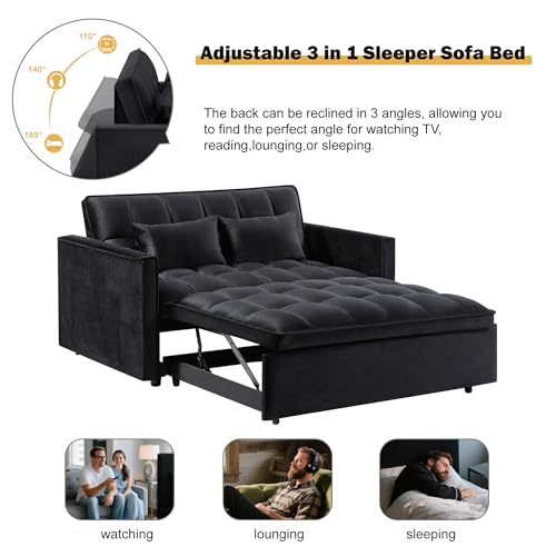 3 in 1 Sleeper Sofa Bed with Side Pocket, Black Convertible Futon Couch W34330