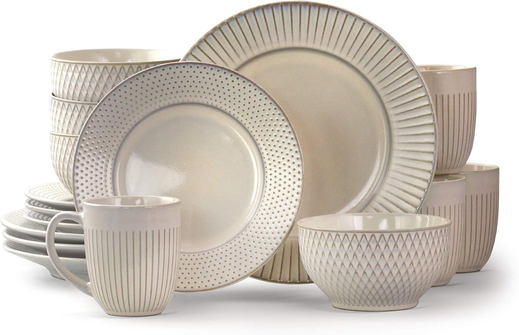 Elama Contemporary Round Embossed Stoneware Dinnerware Dish Set, 16 Piece, White