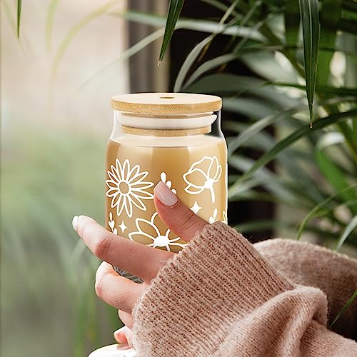 Glass Cups with Bamboo Lids and Straws, 4 Pack 16oz, Wild Flower Design K439