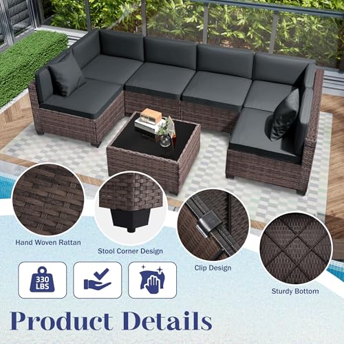 KIGOTY Patio Furniture Set 7 Pieces Outdoor Sectional Sofa with Cushions and Glass Coffee Table B60021