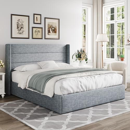 Allewie Full Size Lift Up Storage Bed with Wingback Headboard, Light Beige C85153