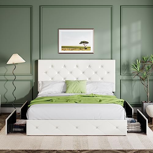 Allewie Upholstered Queen Platform Bed Frame with 4 Drawers and Headboard, Light Grey A922