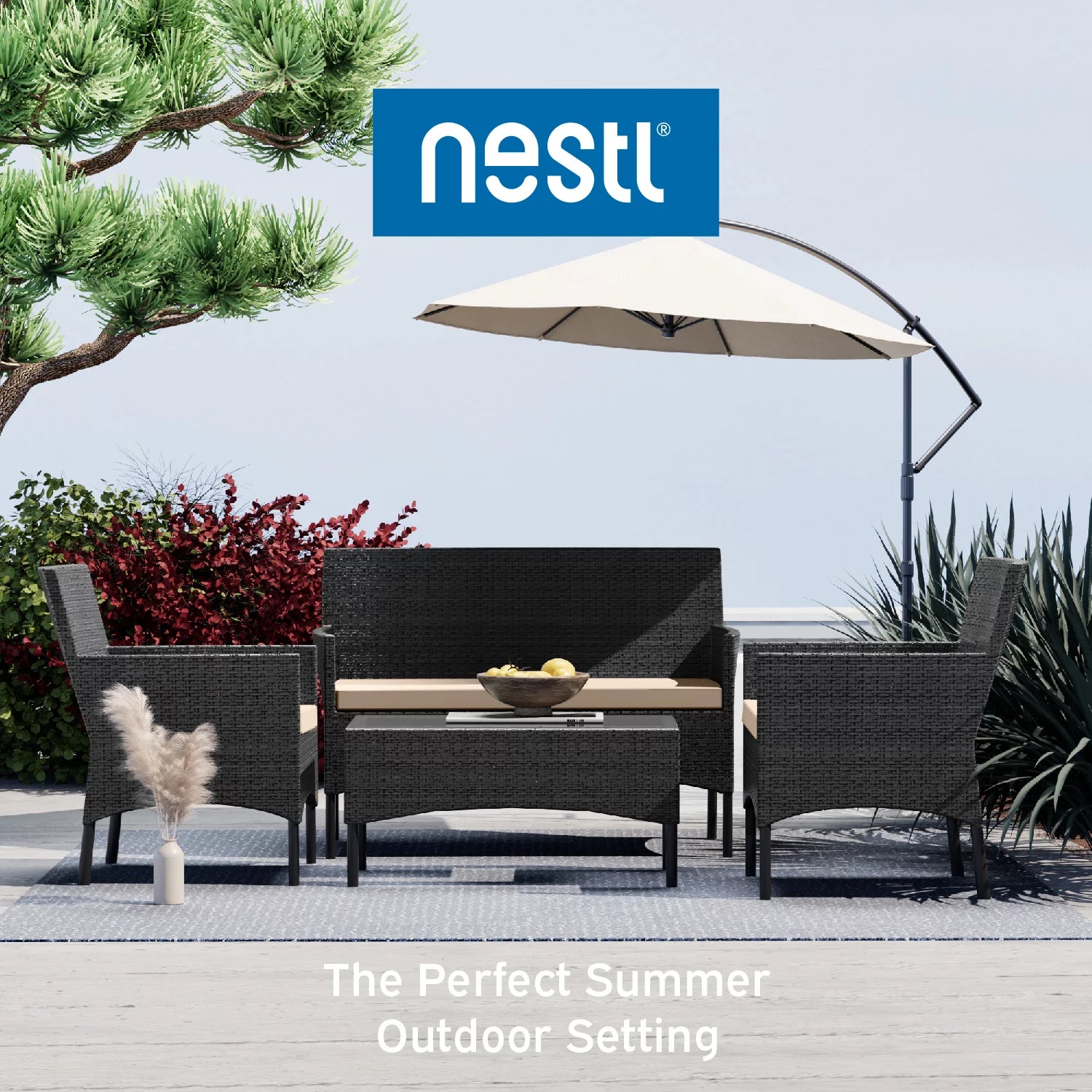 Nestl 4-Piece Outdoor Patio Furniture Set, Wicker, Black/Beige P798857