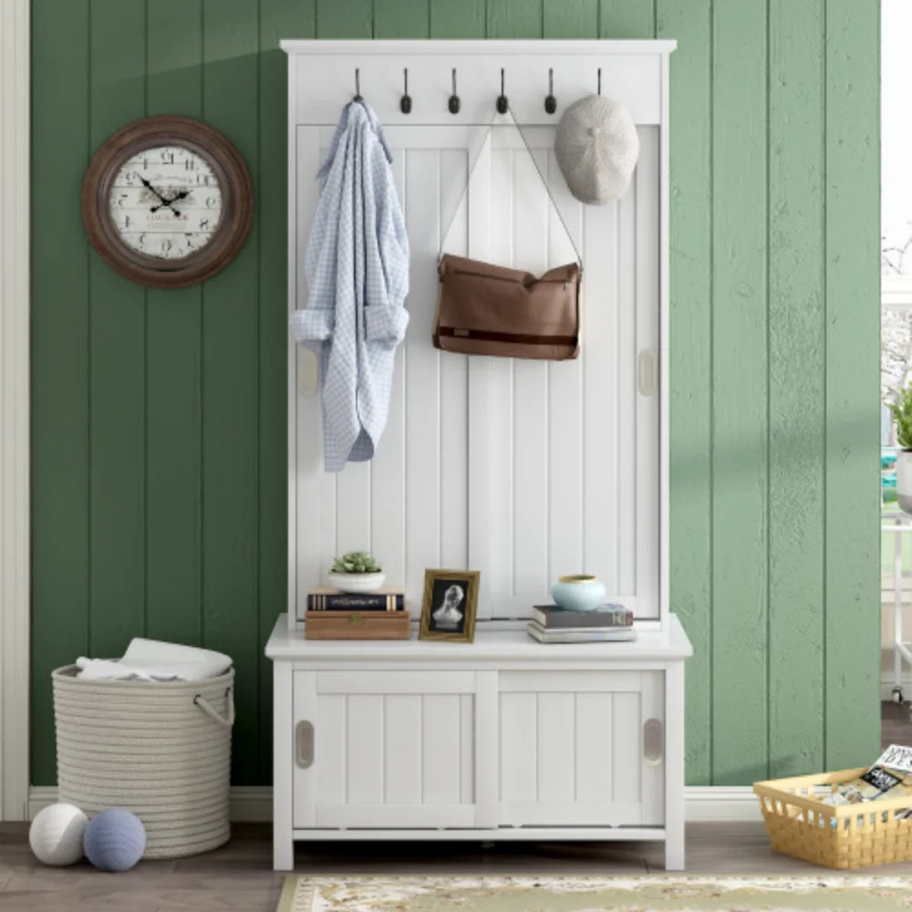 White Wooden Hall Tree with Sliding Doors and Storage Bench O243