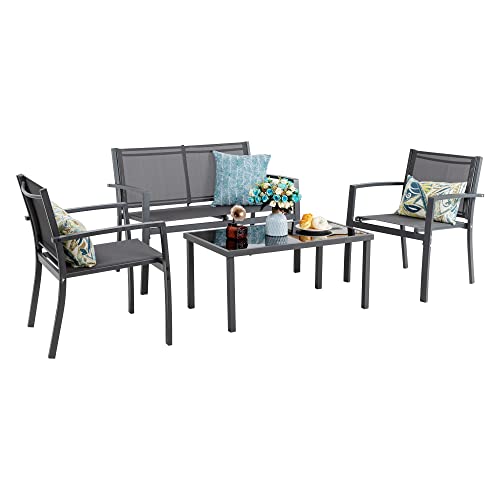 Vongrasig 4 Piece Patio Conversation Set with Glass Coffee Table, Black E428