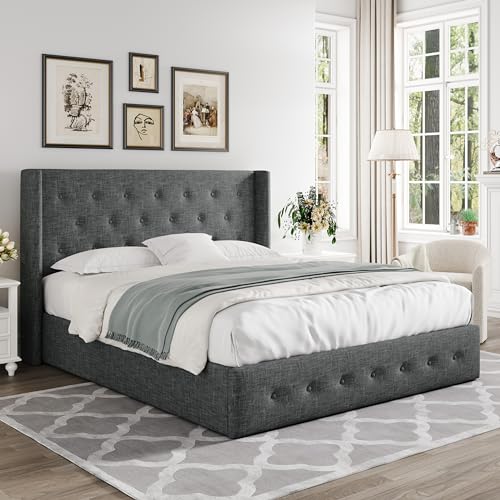 Allewie Full Size Lift Up Storage Bed with Wingback Headboard, Light Beige C85153