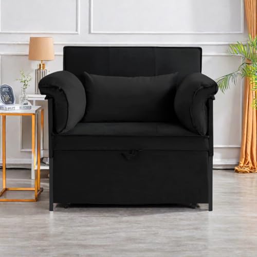 3 in 1 Sleeper Sofa Bed with Side Pocket, Black Convertible Futon Couch W34330
