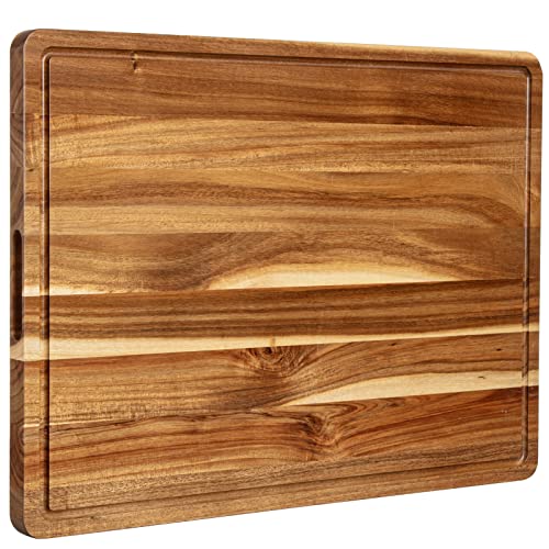 Extra Large Acacia Wood Cutting Board, 24x18 Inch Large Butcher Block Chopping Board with Handle and Juice Groove, Carving Board for Turkey, Meat, Vegetables, BBQ