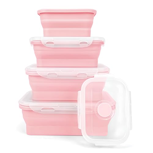 4 Pieces Collapsible Food Storage Containers, Foldable Silicone Lunch Box with Airtight Lids, Stackable Meal Prep Containers for Kitchen and Travel, Microwave & Freezer Safe, Green