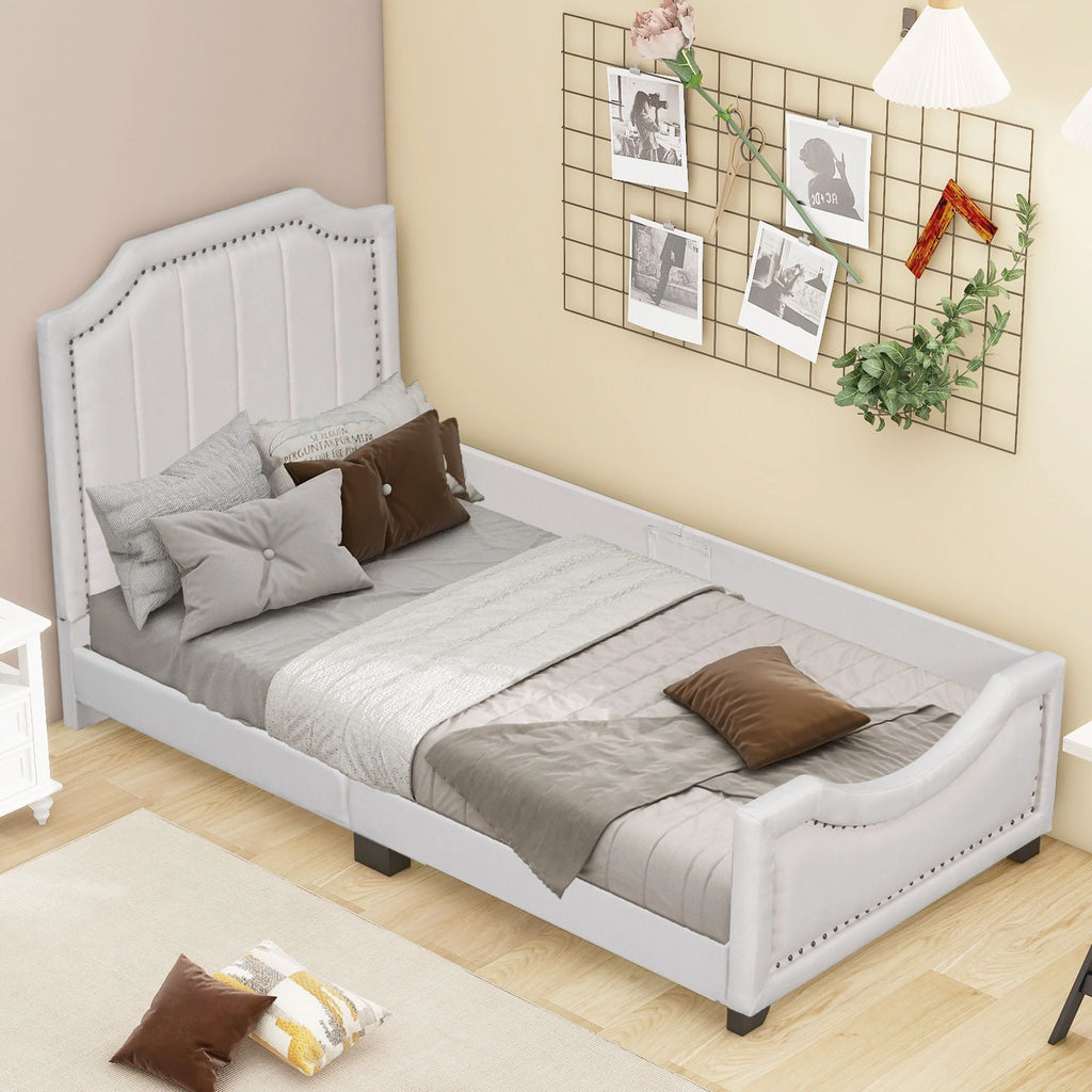 Twin Storage Upholstered Platform Bed Mattress Foundation with Nailhead Trim Decoration and Guardrail, Bed Frame Storage Bed w/ Wooden Slats for Boy Girl, No Box Spring