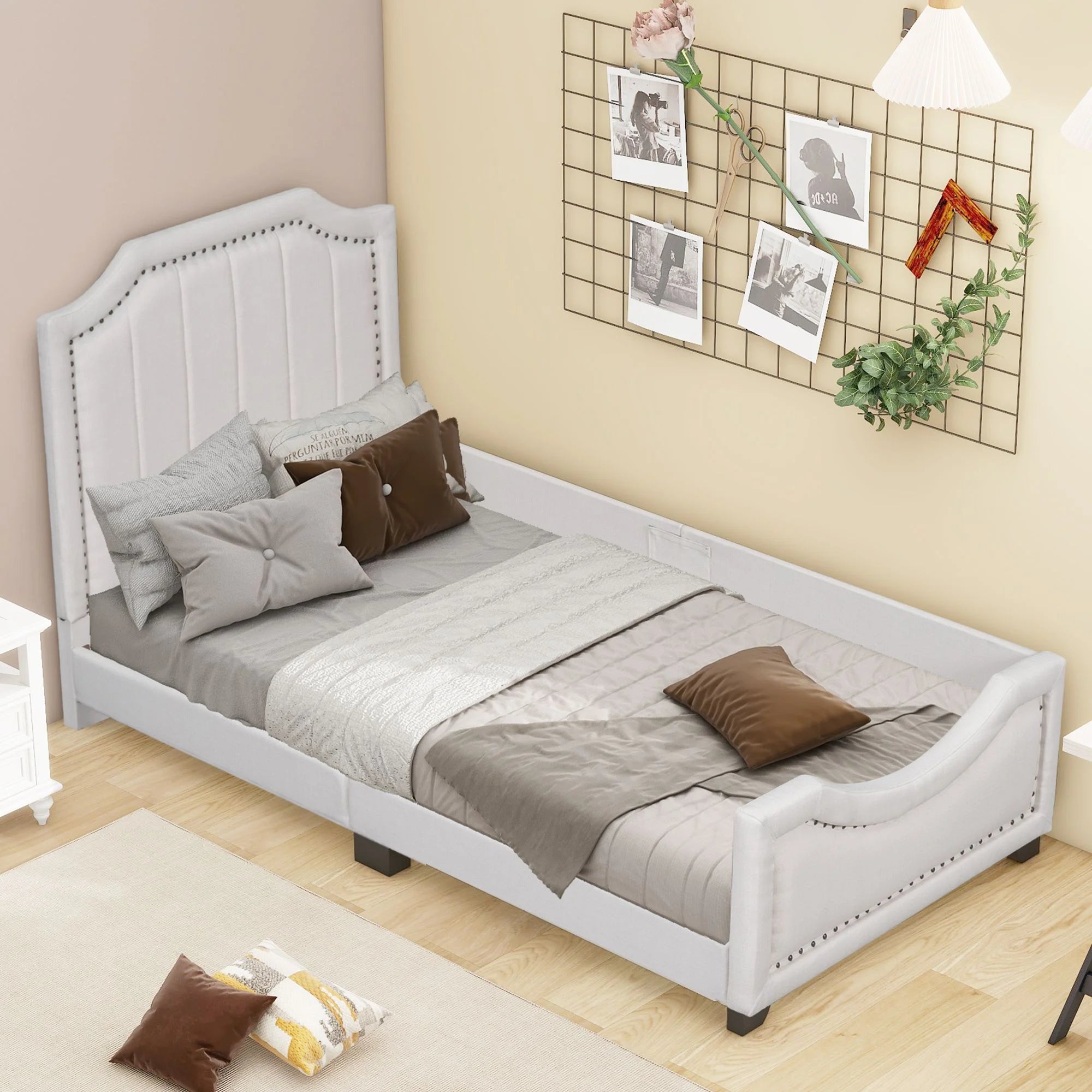 Twin Storage Upholstered Platform Bed Mattress Foundation with Nailhead Trim Decoration and Guardrail, Bed Frame Storage Bed w/ Wooden Slats for Boy Girl, No Box Spring