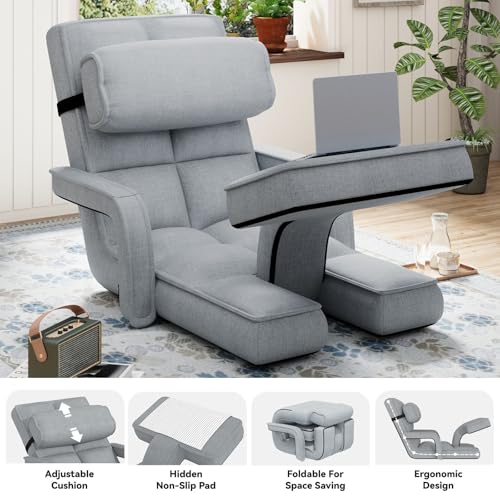 Esright Floor Chair, Padded Folding Gaming Chair with Adjustable Backrest, Dark Grey P960