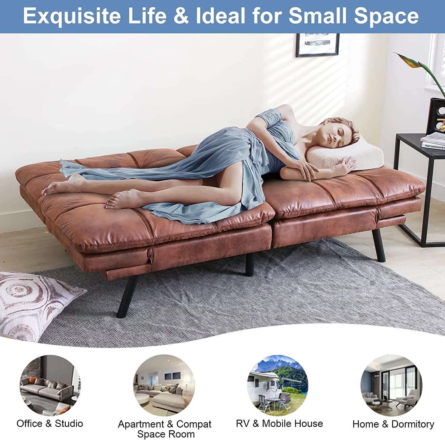 RUNFAYBIU Futon Sofa Bed Memory Foam Convertible Faux Leather with Adjustable Armrests D258720