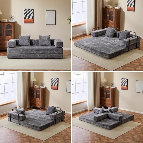 Convertible Floor Sofa Bed with Pillow Back and Armrest, Chenille, Dark Gray N4509