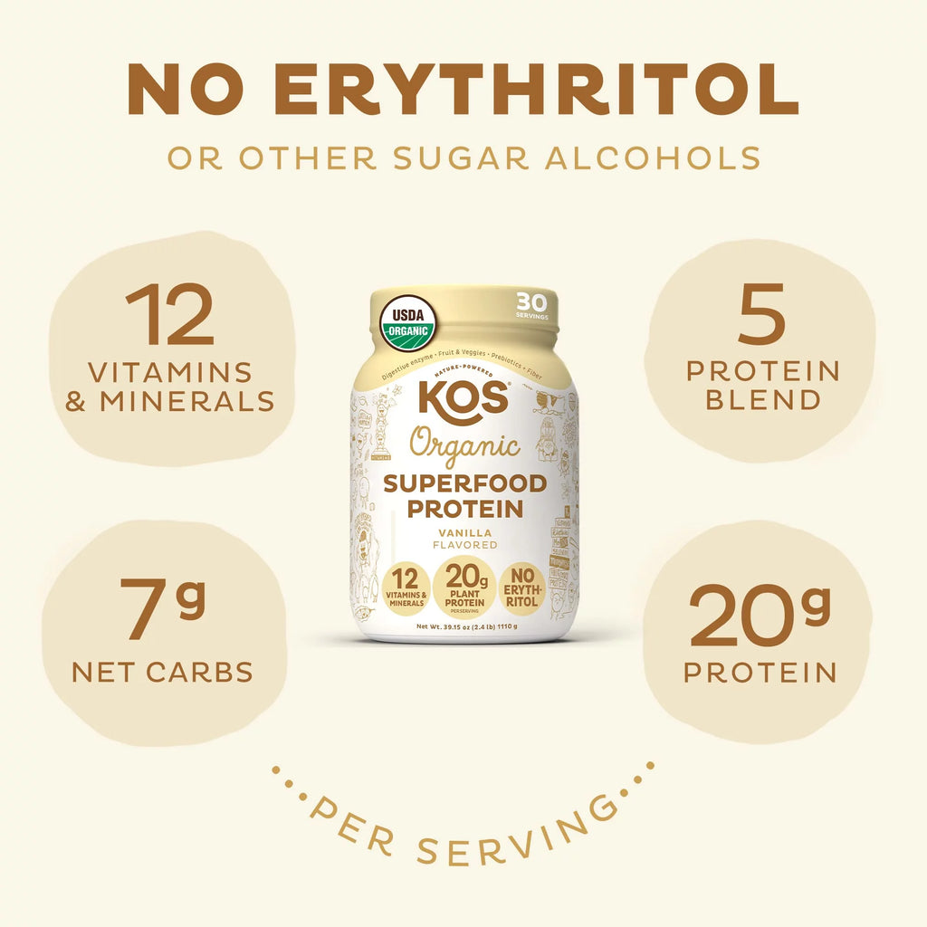 KOS Vegan Protein Powder Vanilla USDA Organic Pea Protein Blend, 30 Servings T773