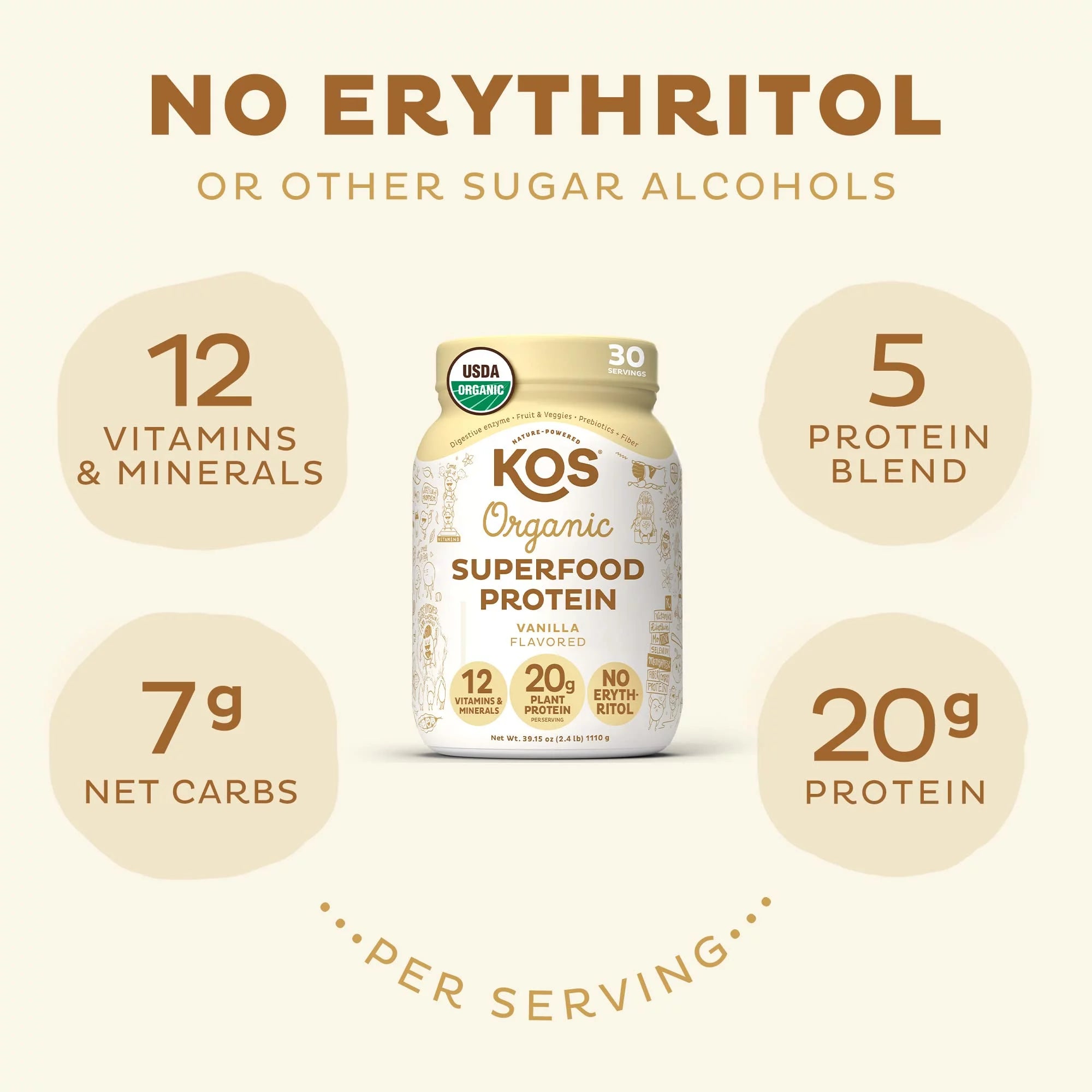 KOS Vegan Protein Powder Vanilla USDA Organic Pea Protein Blend, 30 Servings T773