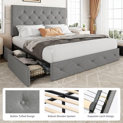 Allewie Upholstered Queen Platform Bed Frame with 4 Drawers and Headboard, Light Grey A922
