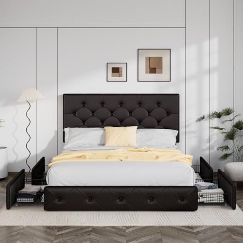 Allewie Upholstered Queen Platform Bed Frame with 4 Drawers and Headboard, Light Grey A922