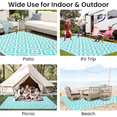 Smiry Waterproof Outdoor Rug 5x8 ft, Reversible Plastic Straw Patio Mat, Black & Beige P20186