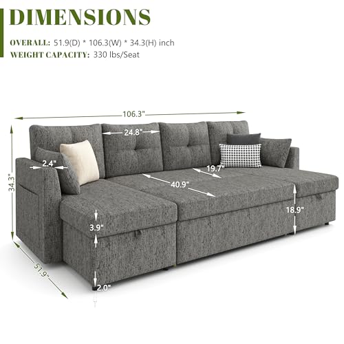 Oversized Sleeper Sofa Couch with Double Storage Chaise, Dark Grey U1381