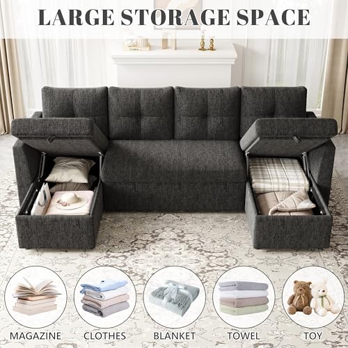 Oversized Sleeper Sofa Couch with Double Storage Chaise, Dark Grey U1381