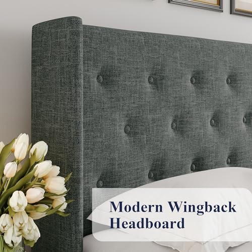 Allewie Full Size Lift Up Storage Bed with Wingback Headboard, Light Beige C85153