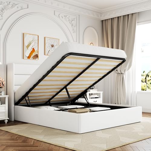 Allewie Full Size Lift Up Storage Bed with Wingback Headboard, Light Beige C85153