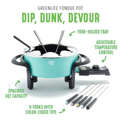 GreenLife 14 Cup Electric Fondue Maker Pot Set with 8 Forks, Ceramic Nonstick, Adjustable Temperature, Red M8272