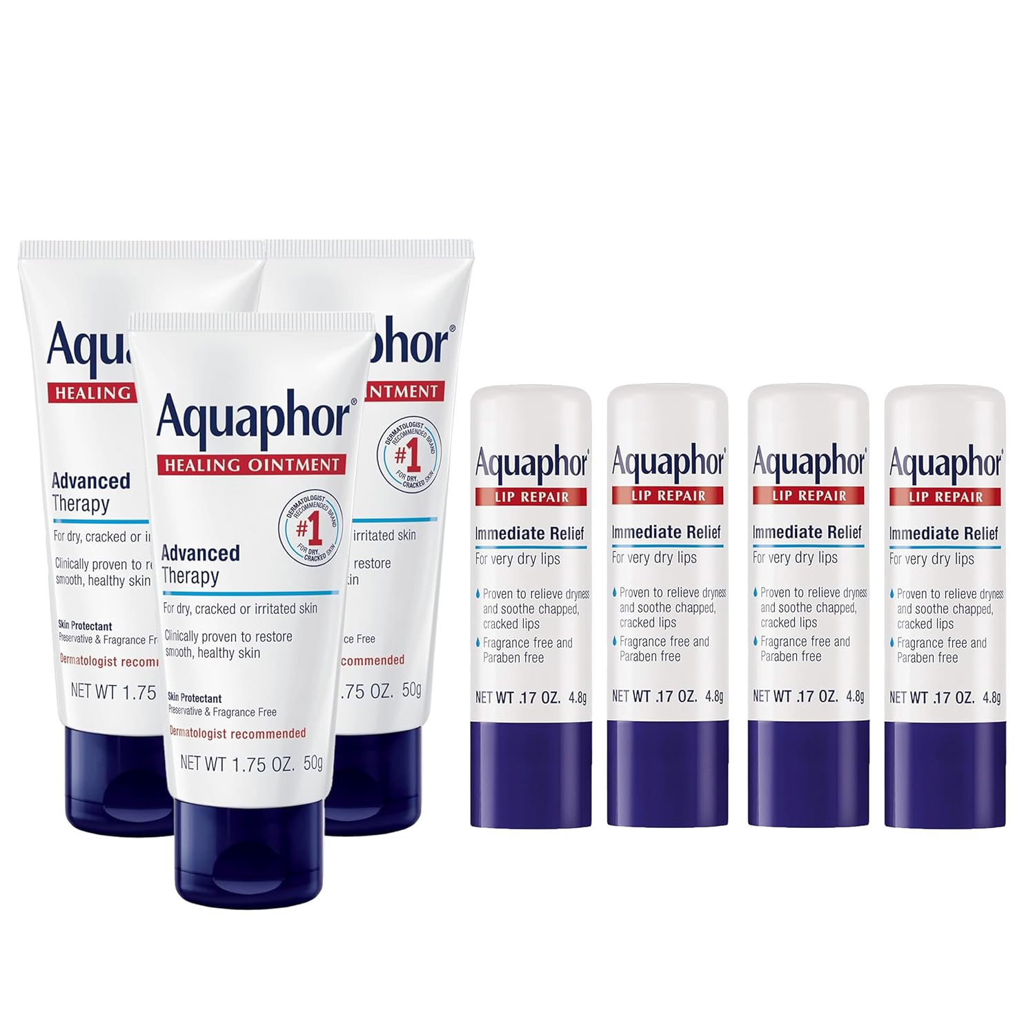 Aquaphor Skin Care Set, Healing Ointment, Body Moisturizer for Dry Skin 1.75 Oz Tube (Pack of 3) Lip Repair Stick Lip Balm Set, Soothes Dry Chapped Lips, 0.17 Oz (Pack of 4)