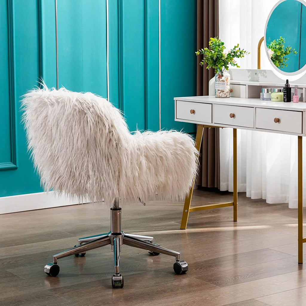 White Faux Fur Swivel Vanity Chair with Back V833