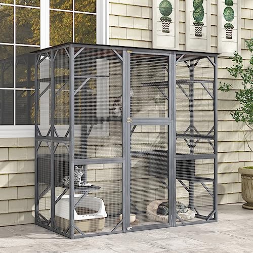 Tangkula Catio Outdoor Cat Enclosure Large 72 Inch Tall Wooden Cat House with Weatherproof Roof W864