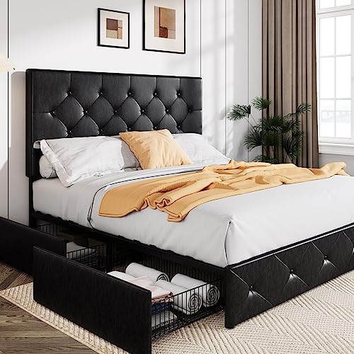 Allewie Upholstered Queen Platform Bed Frame with 4 Drawers and Headboard, Light Grey A922