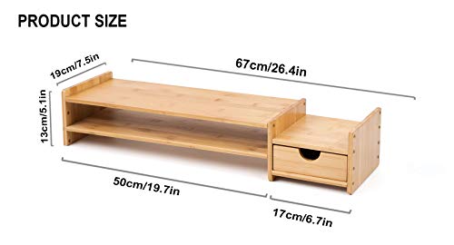 Bamboo 2 Tier Monitor Stand Riser with Drawers for Desk Organizer K364684