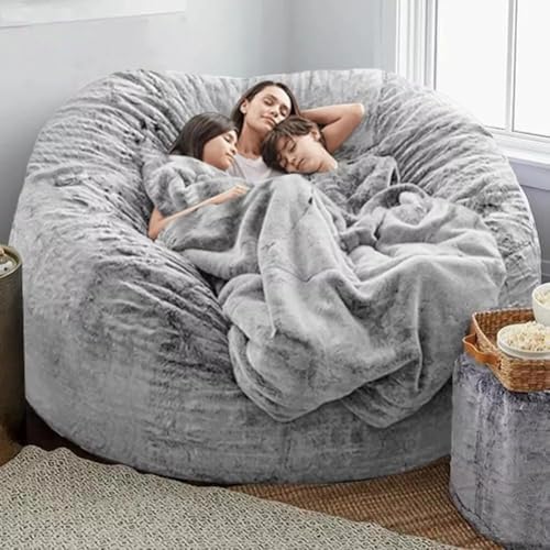 6FT Light Grey Round Fluffy Bean Bag Chair Cover for Adults Kids A1025