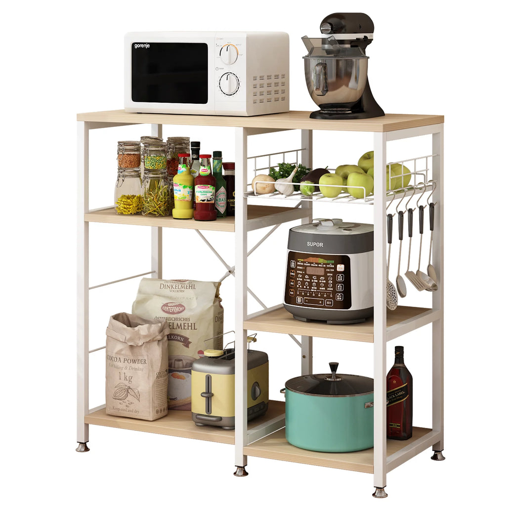 UBesGoo Bakers Rack with Basket, Wood Storage Shelf, White Oak Finish P842676