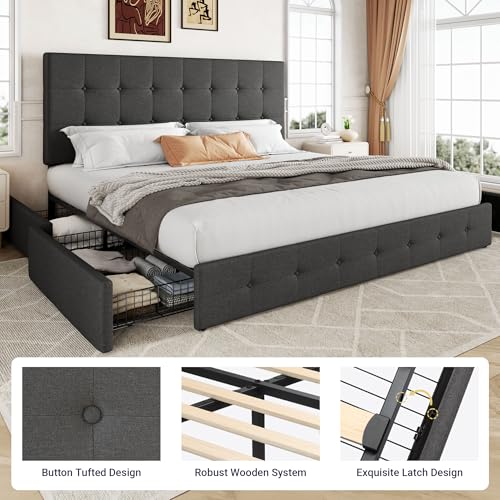 Allewie Upholstered Queen Platform Bed Frame with 4 Drawers and Headboard, Light Grey A922