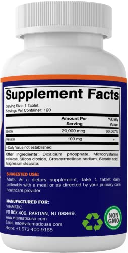 Vitamatic High Potency Biotin 20000 mcg with Keratin, 120 Vegetarian Tablets V10965