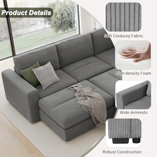 Merax 121.3" Sectional Corduroy Sofa Bed with Two Ottomans, Gray Q499